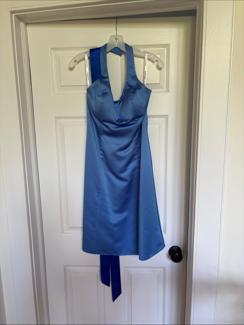 David's Bridal Cornflower Blue Satin Halter Dress